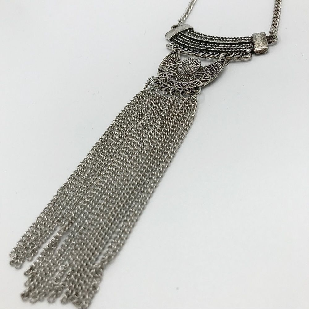 Western Silver tone Fringe Moon Metal Long Necklace Bohemian Southwestern - Picture 4 of 6